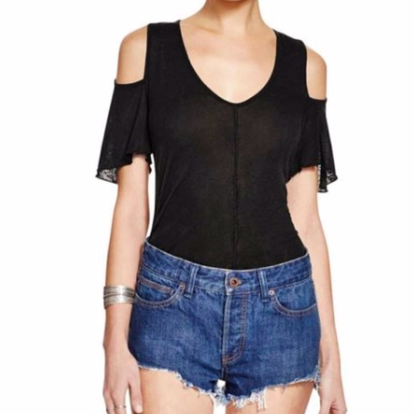 Free People Black Cold Shoulder Short Sleeve Top - Picture 2 of 7